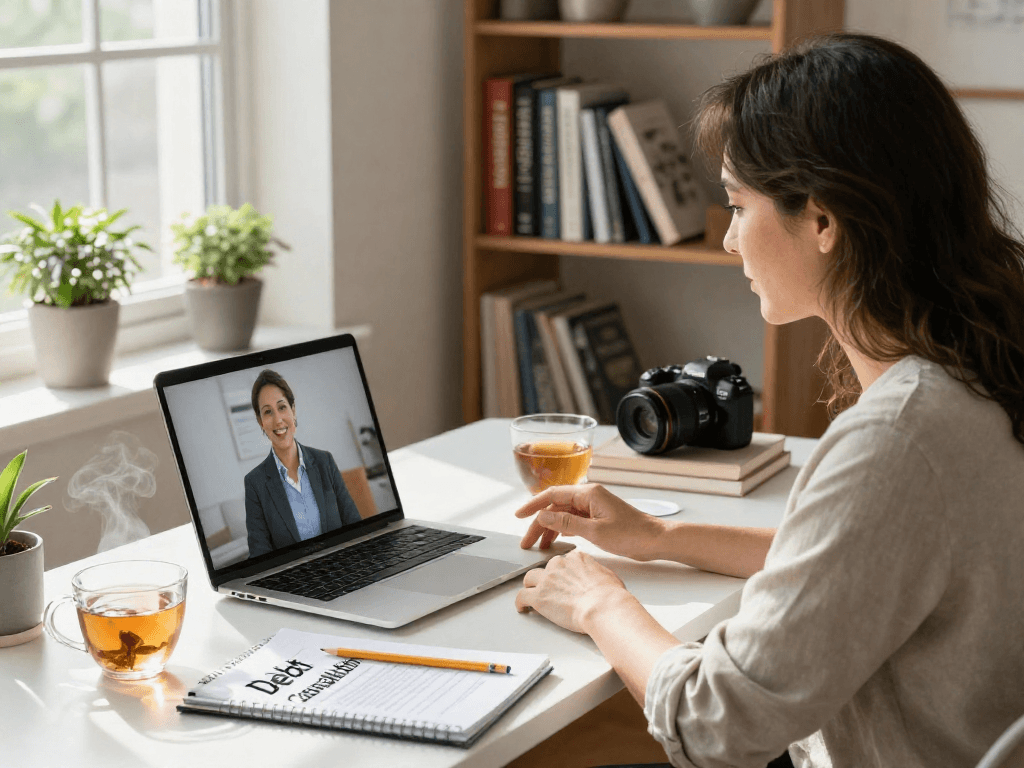 Woman discussing consolidation options in a serene home office.
