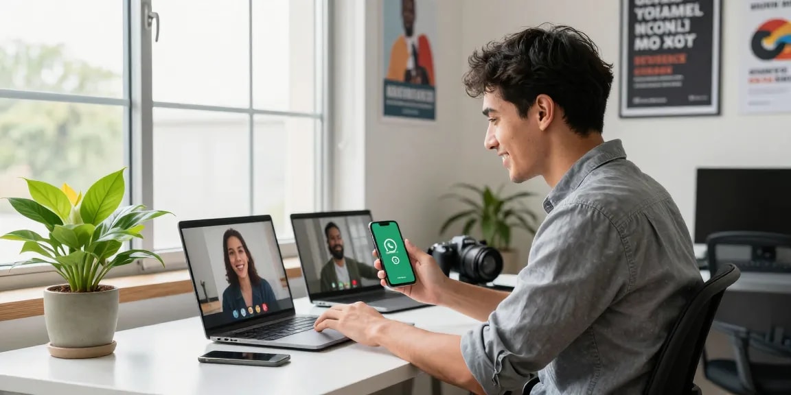 WhatsApp下載 on smartphone as a young professional enjoys a video call, showcasing tech connectivity.