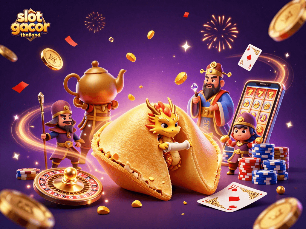 Engage with slot gacor thailand featuring a vibrant 3D illustration of a golden fortune cookie, wise dragon, and thrilling casino elements.