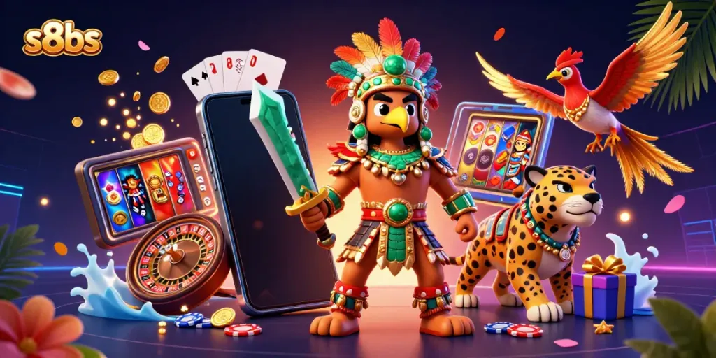 Play slots and win big with s8bs amidst vibrant 3D characters, coins, and games.
