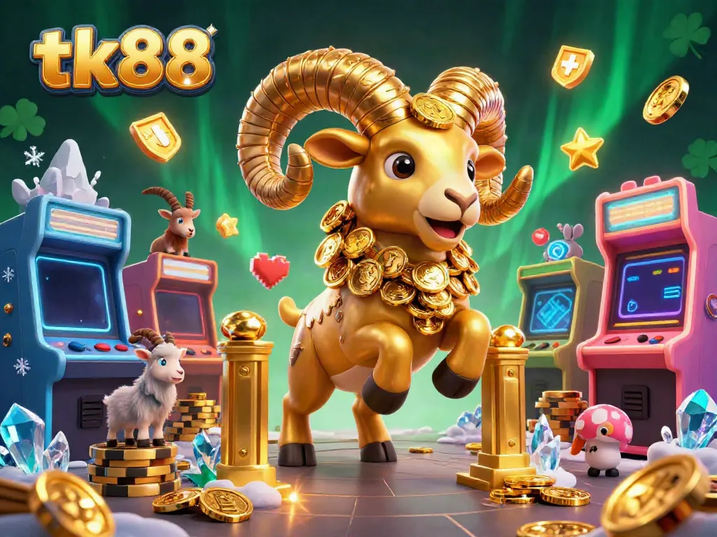 Exciting tk88 gaming scene with a golden ram charging, showcasing colorful arcade elements and casino vibes.