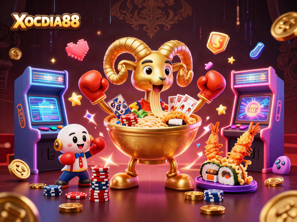 XOCDIA88 players enjoy a vibrant gaming scene with a golden ramen bowl dealer and exciting elements scattered around.