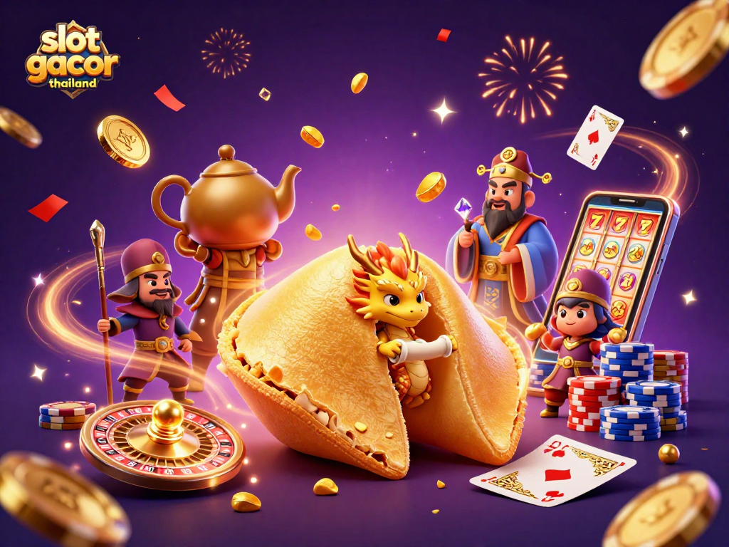 Engage with slot gacor thailand featuring a vibrant 3D illustration of a golden fortune cookie, wise dragon, and thrilling casino elements.