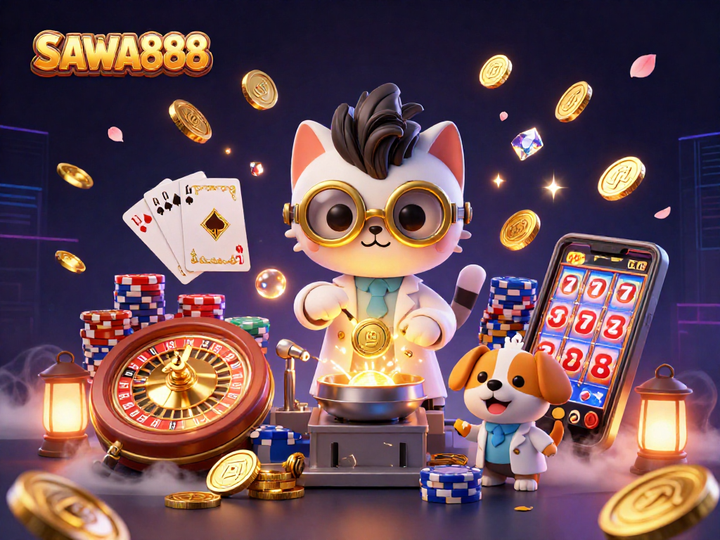 Experience the excitement with SAWA888, featuring a mad scientist cat and lab assistant dog in a dynamic casino setting.