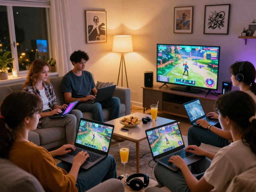 Group enjoying engaging porngames in a cozy living room with ambient lighting.