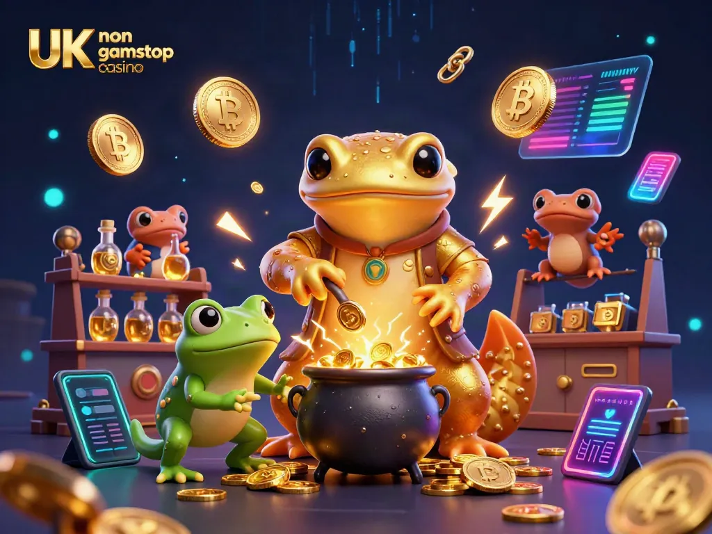 Engaging scene of UK non gamstop casino with a golden salamander alchemist and crypto elements.