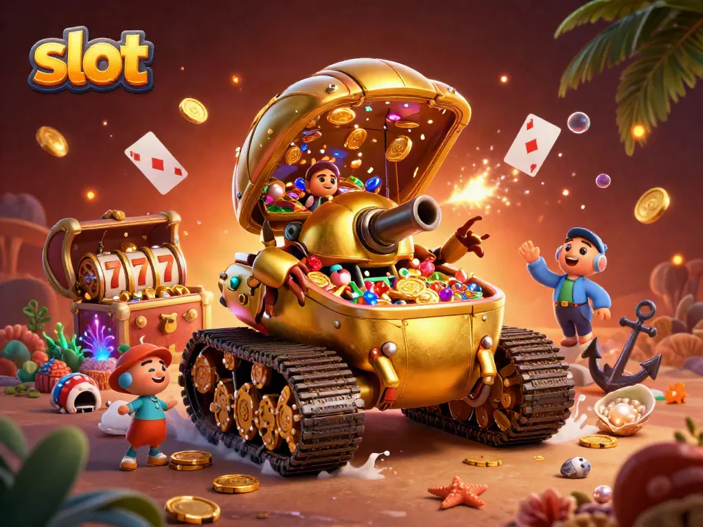 Engage with the vibrant slot-themed casino scene featuring a golden beetle tank with lively elements.