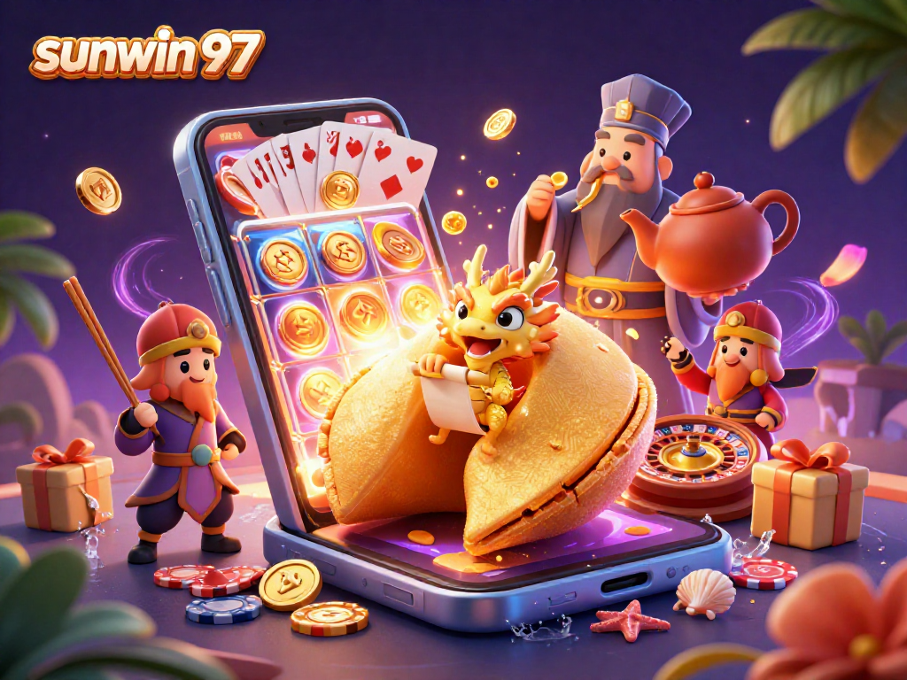 Engage with the dynamic scene of sunwin 97 featuring a golden fortune cookie, wise dragon, and a vibrant casino setting.