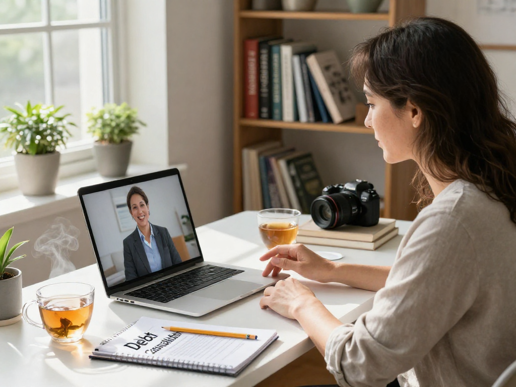 Woman discussing consolidation options in a serene home office.