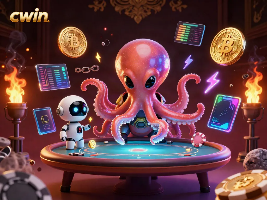 CWIN evokes excitement as an alien octopus manages a holographic poker table with vibrant Astro chips.