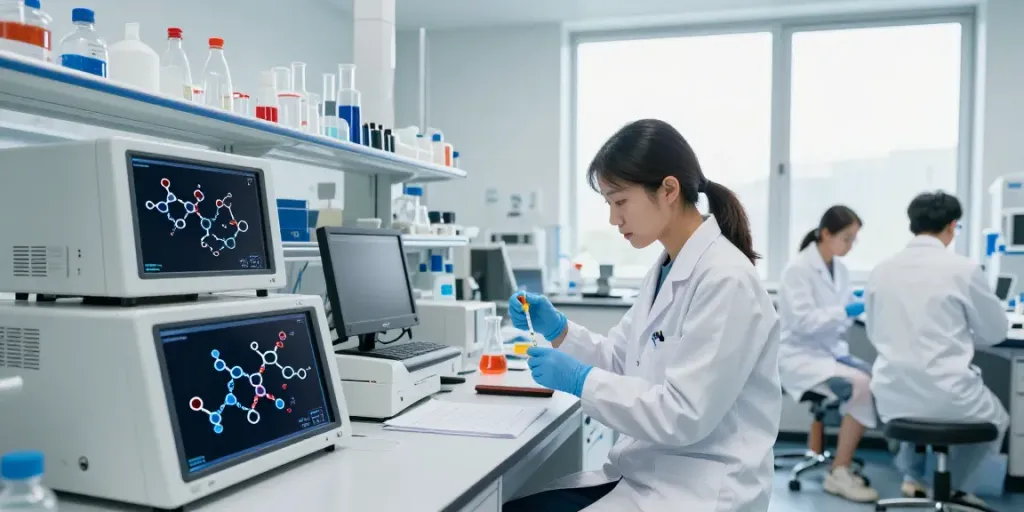 Image depicting peptide swap research in a modern healthcare lab, showcasing advanced medical technology and patient safety.