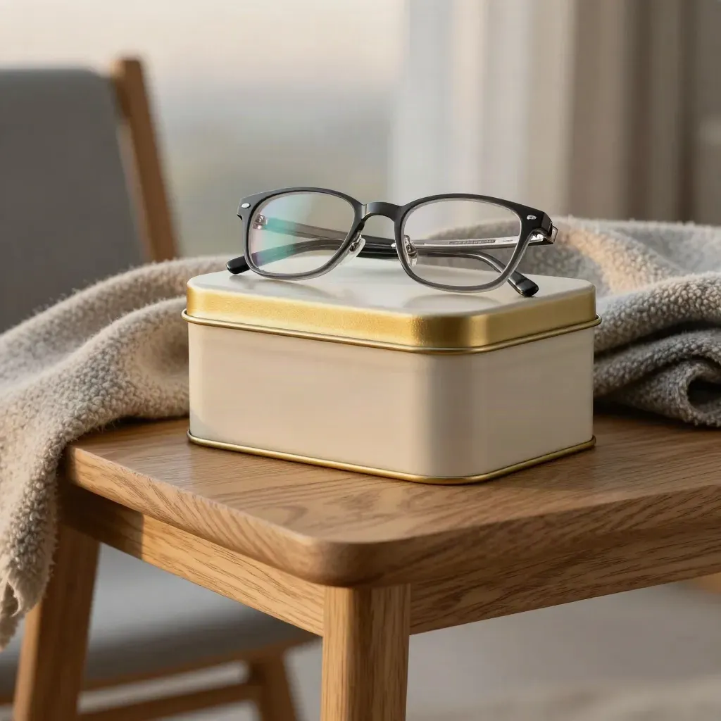 Cream pension tin, reading glasses and wool throw on an oak side table in cool dawn light.