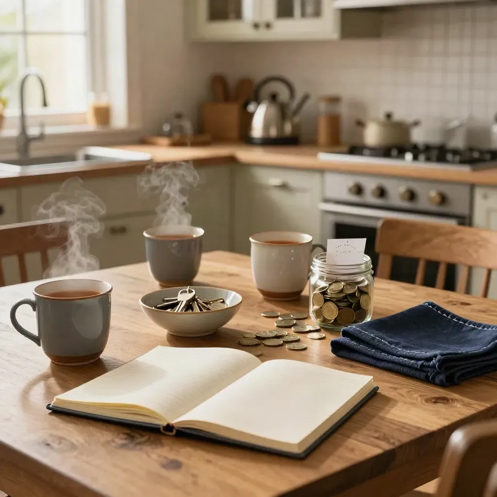 Kitchen breakfast table with mugs, notebook, keys and savings jars in morning steam.