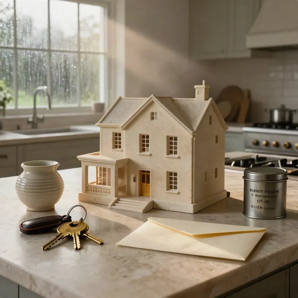 Rain-beaded kitchen island still life with house model, keys, savings jar, mortgage envelope and pension tin.