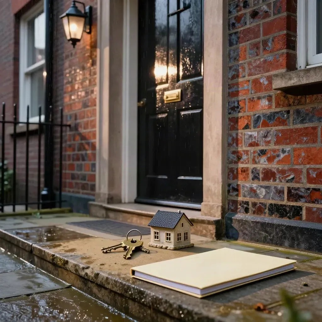 Brass keys, stone model home and cream folder on a wet brick doorstep after the mortgage check