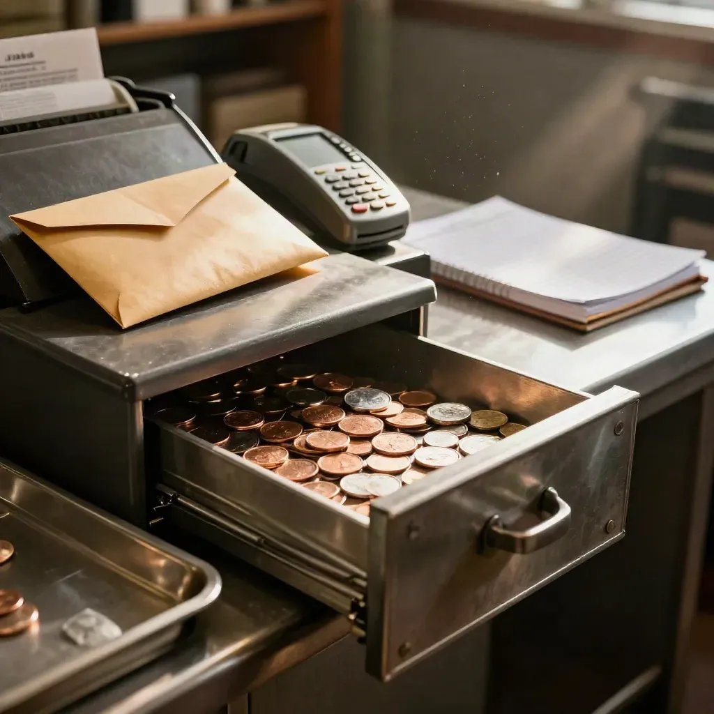 Open till drawer, coin tray, card reader and tax envelope at a shop counter