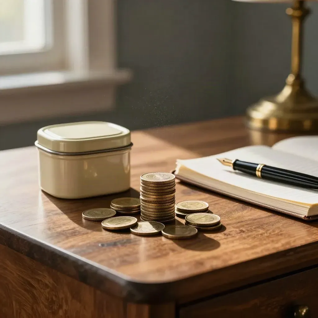 Stacked coins beside a cream savings tin, pen and notebook on a walnut desk in warm evening light.