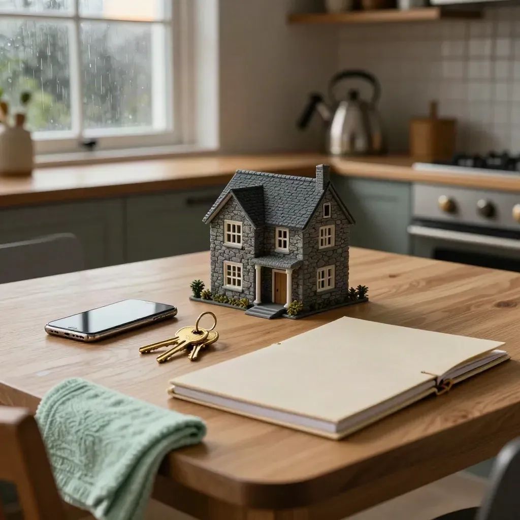 Keys, model home, face-down phone and closed binder on an oak kitchen table by a rainy window.