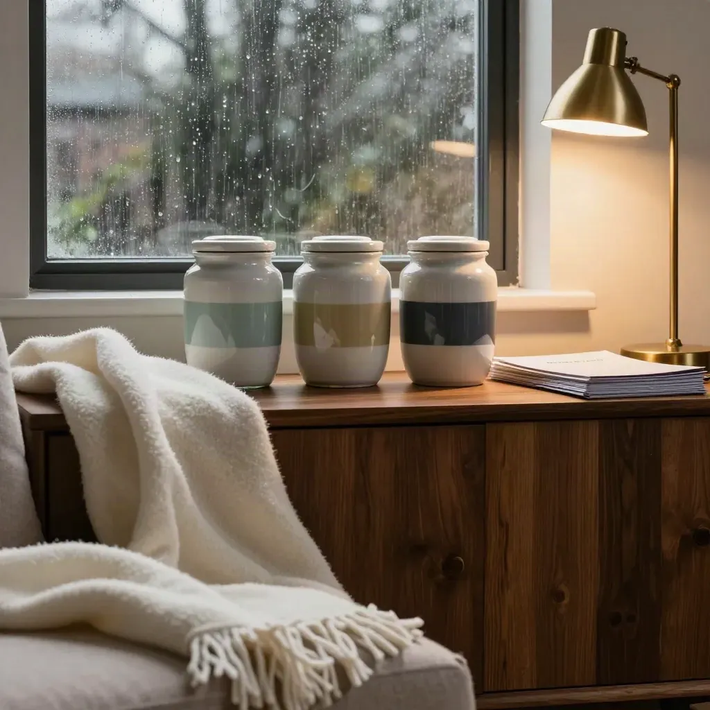 Three colour-banded income jars beside a brass lamp and ivory throw on a rainy sideboard.