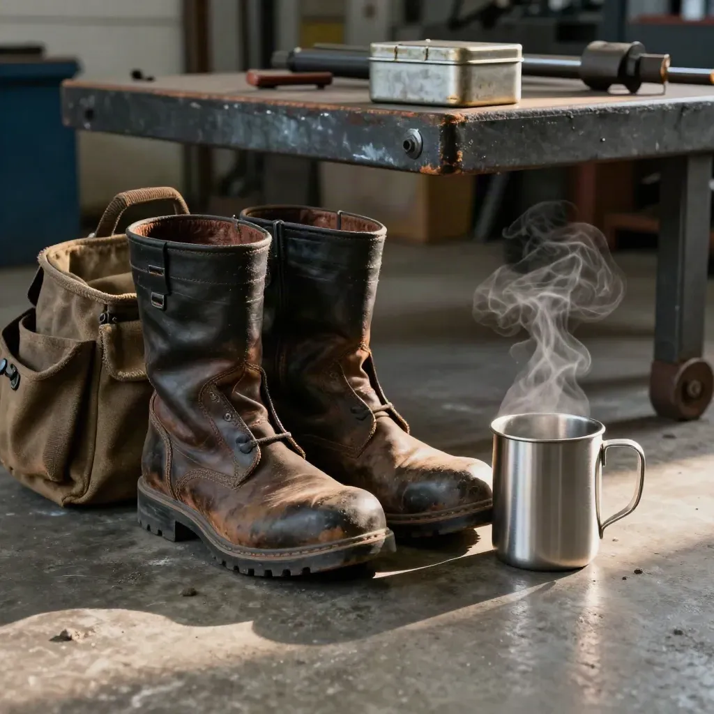 Steel-toe boots, tool bag, mug and pension tin on a garage workbench in dawn light.