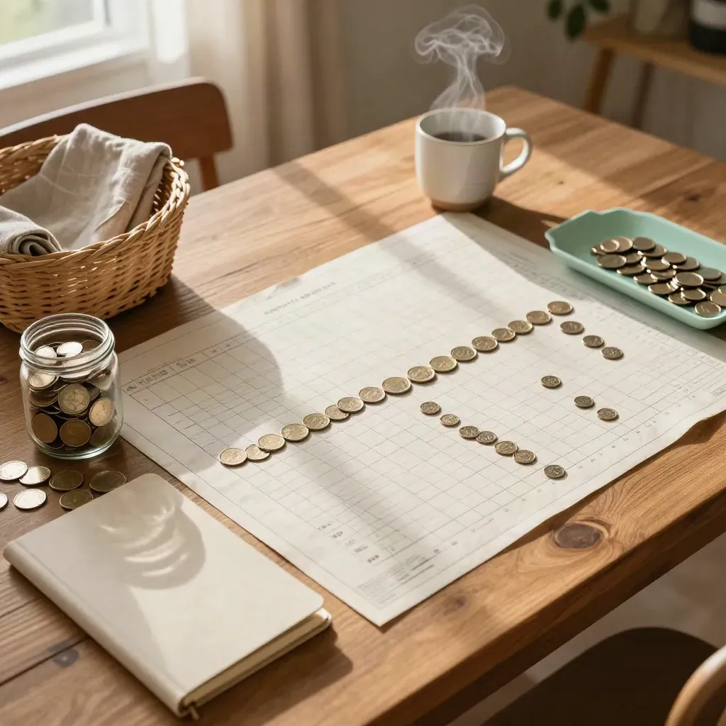 Overhead farmhouse table with coins, jars, blank notebooks and a basket in soft morning light.