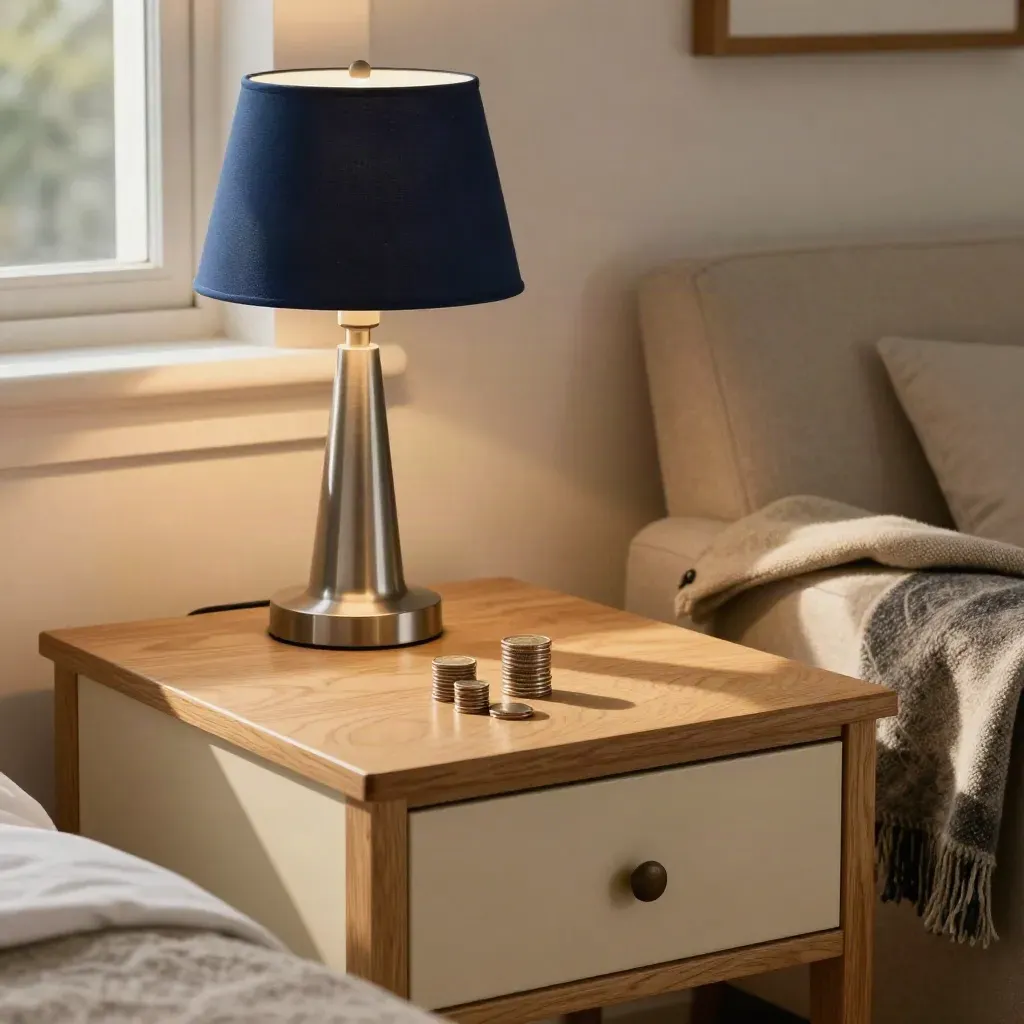 Coin stacks on a bedside table with lamp, wool throw and empty chair in soft late-afternoon light.
