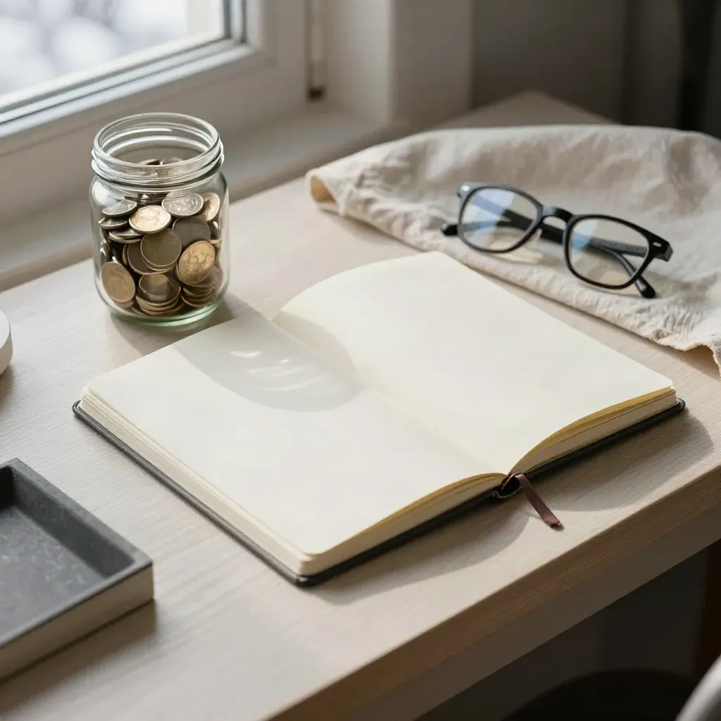Fresh notebook, coin jar and folded reading glasses on a pale desk in winter light.
