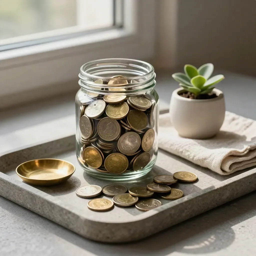 Glass money jar with coins beside brass dish, linen and small plant on stone tray.