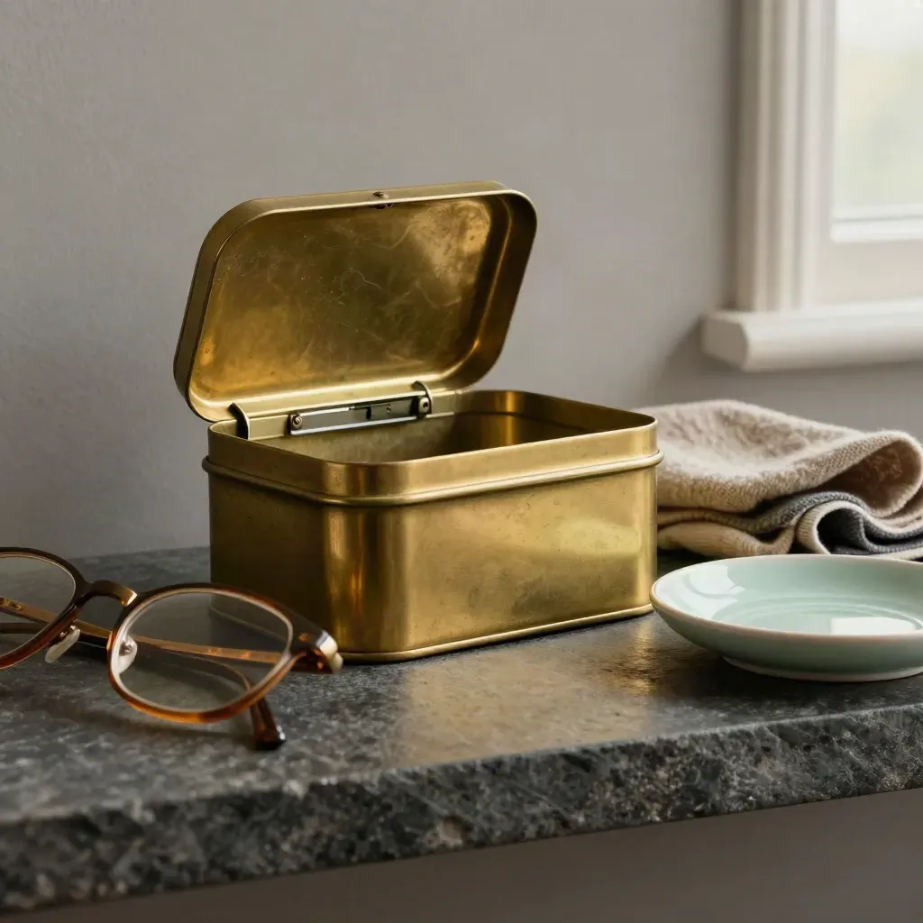 Brass pension tin with glasses, wool cloth and ceramic dish on a dark shelf in soft light.