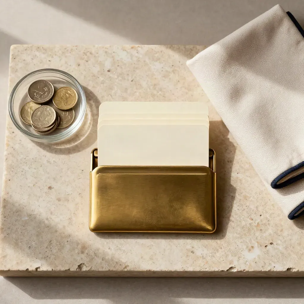 Brass card holder with pale cards, glass coin dish and folded cloth on stone.