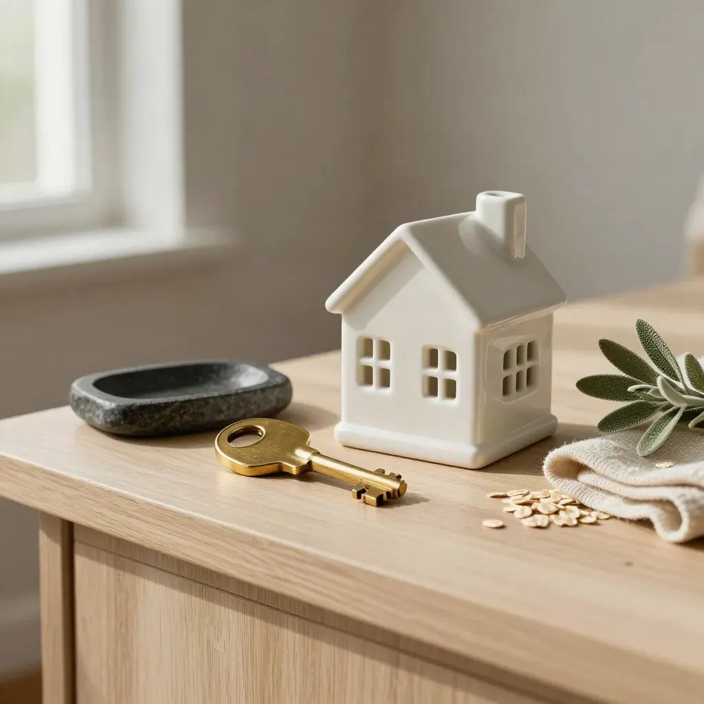Brass key, ceramic house, stone dish, cloth and plant on pale wood in soft window light.