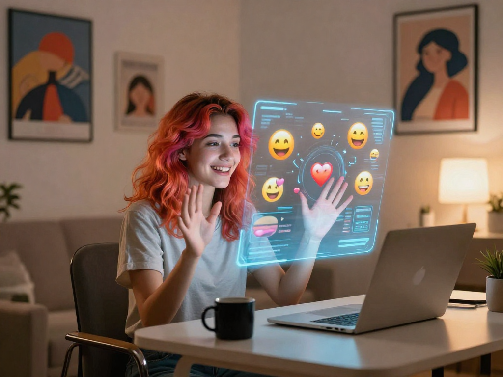 Woman engaging in ai porn chat on a holographic interface in a cozy room