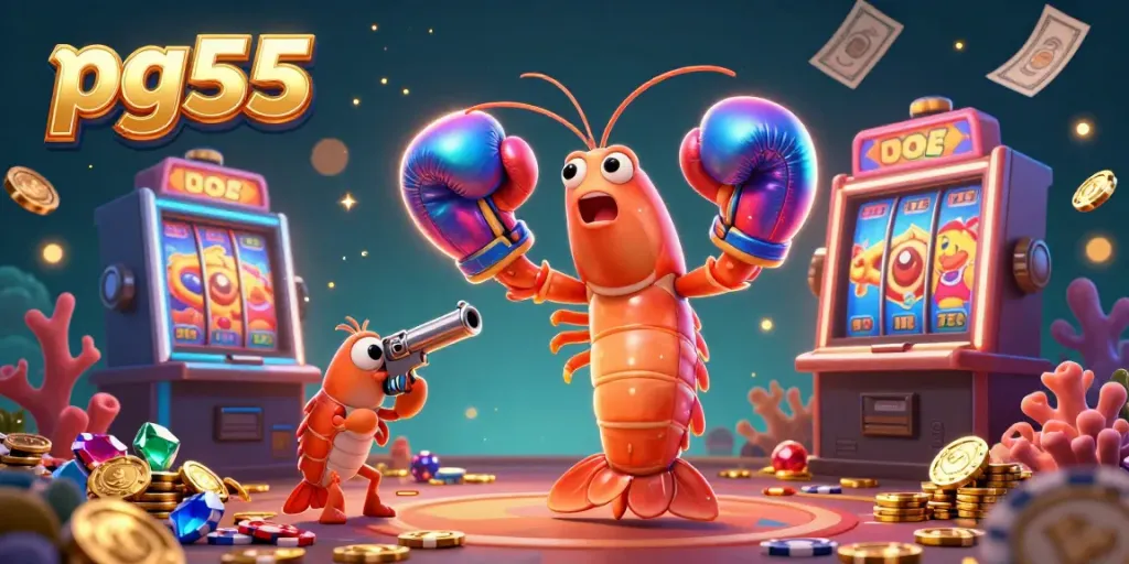 Experience thrilling excitement with pg55 as shrimp characters navigate a vibrant casino scene.