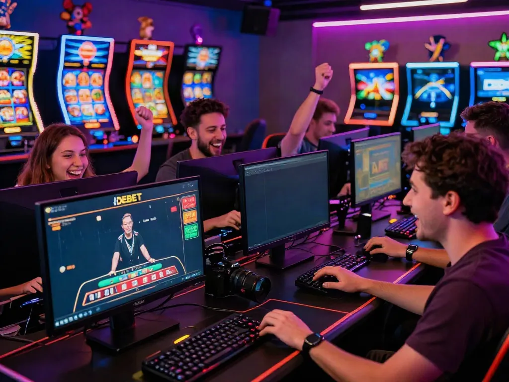 Group of friends enjoying the nhà cái debet gaming experience with live dealer and vibrant game graphics.