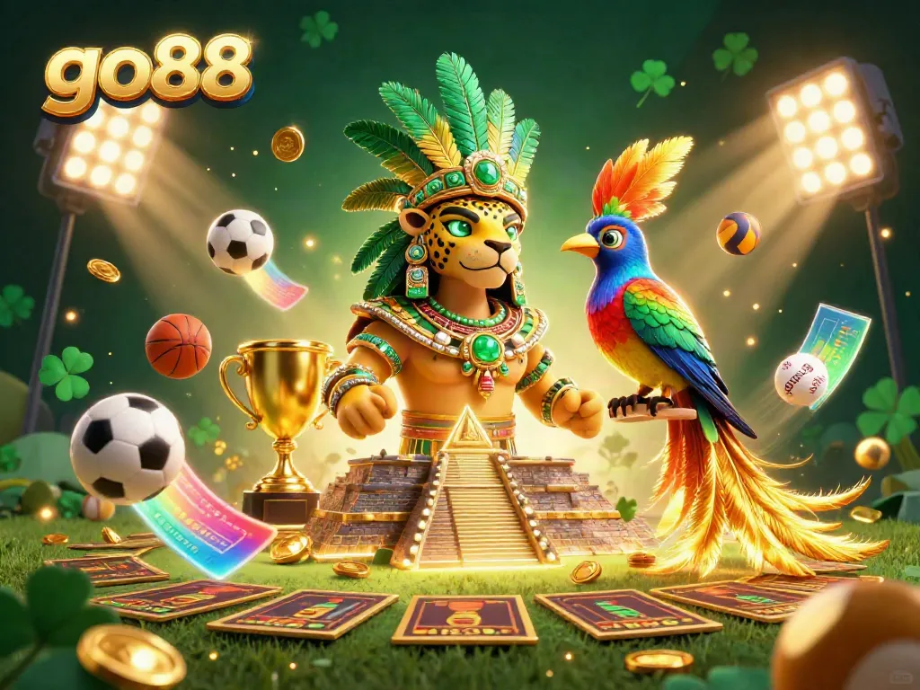 Experience the vibrant gaming atmosphere with go88, featuring Mayan characters, dynamic sports elements, and golden prizes.