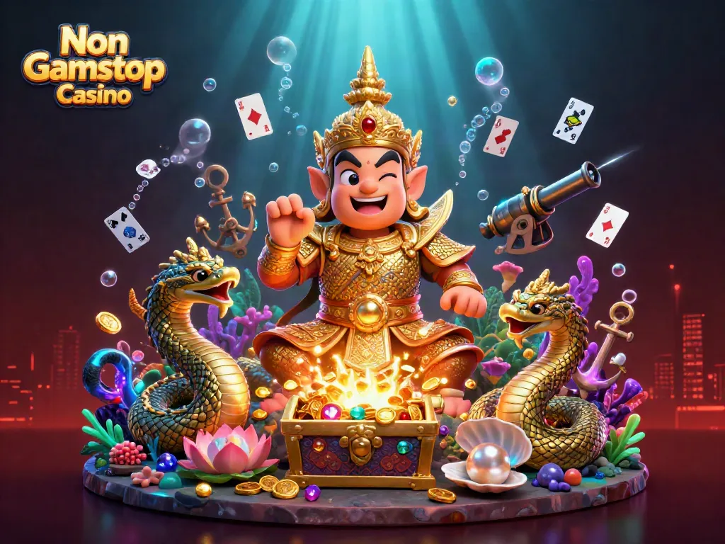 Experience excitement with Non Gamstop Casino's vibrant underwater treasure scene featuring dynamic characters and gaming elements.