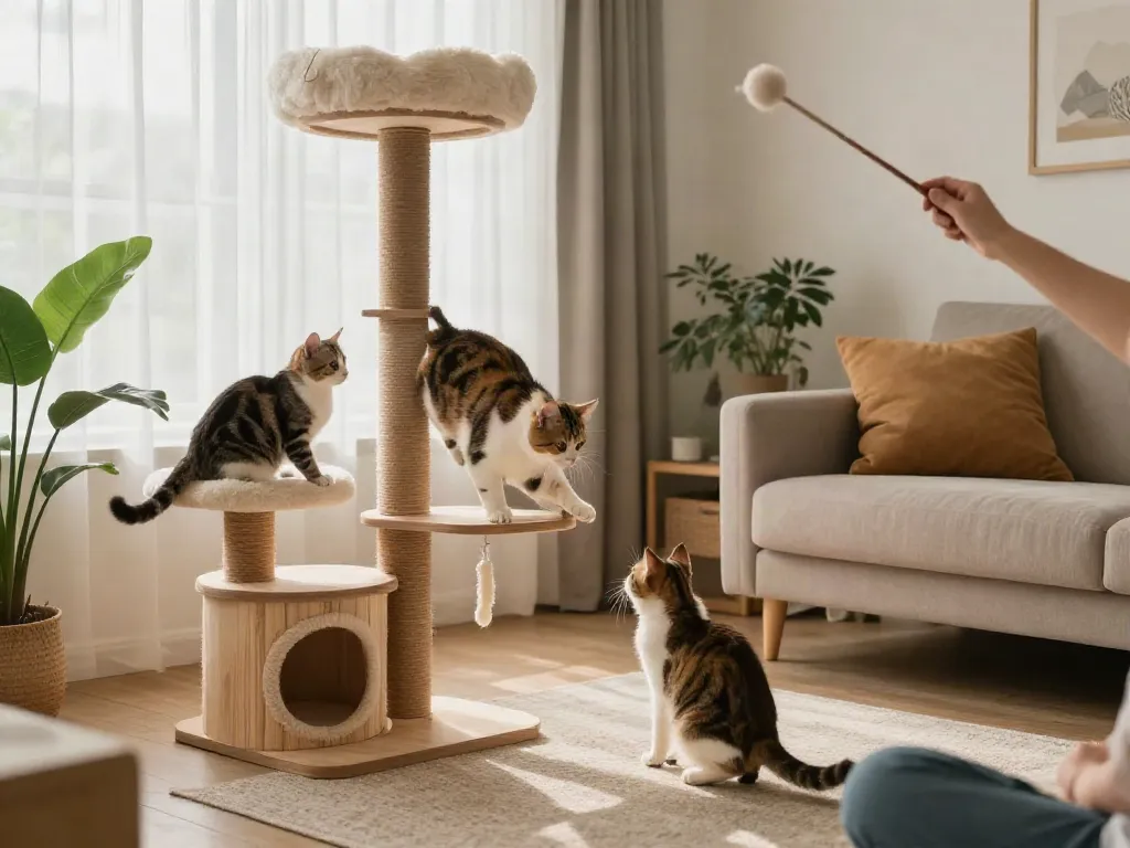 Playful cats exploring stylish cat trees in a cozy living room.