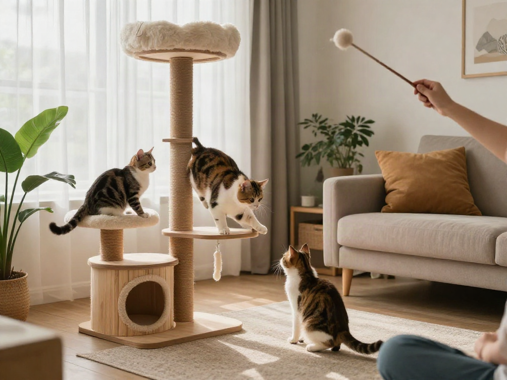 Playful cats exploring stylish cat trees in a cozy living room.