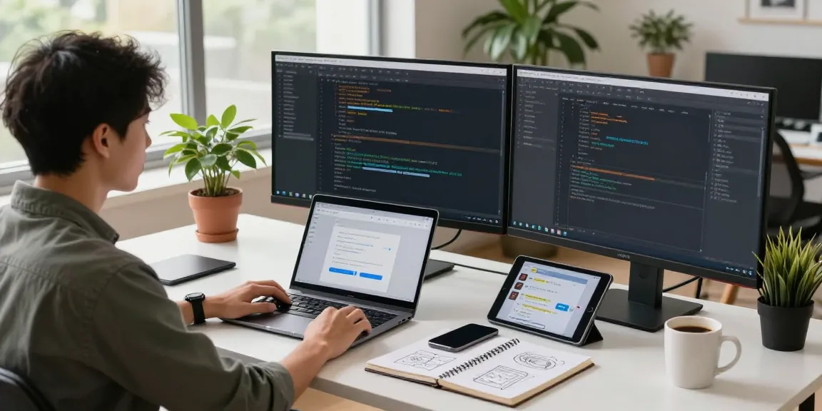 Developer using Telegram下载 on dual monitors in a modern tech workspace with greenery and natural light.