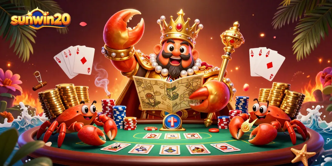Experience thrilling poker action with sunwin20's regal crab emperor showcasing vibrant casino elements in a dynamic scene.