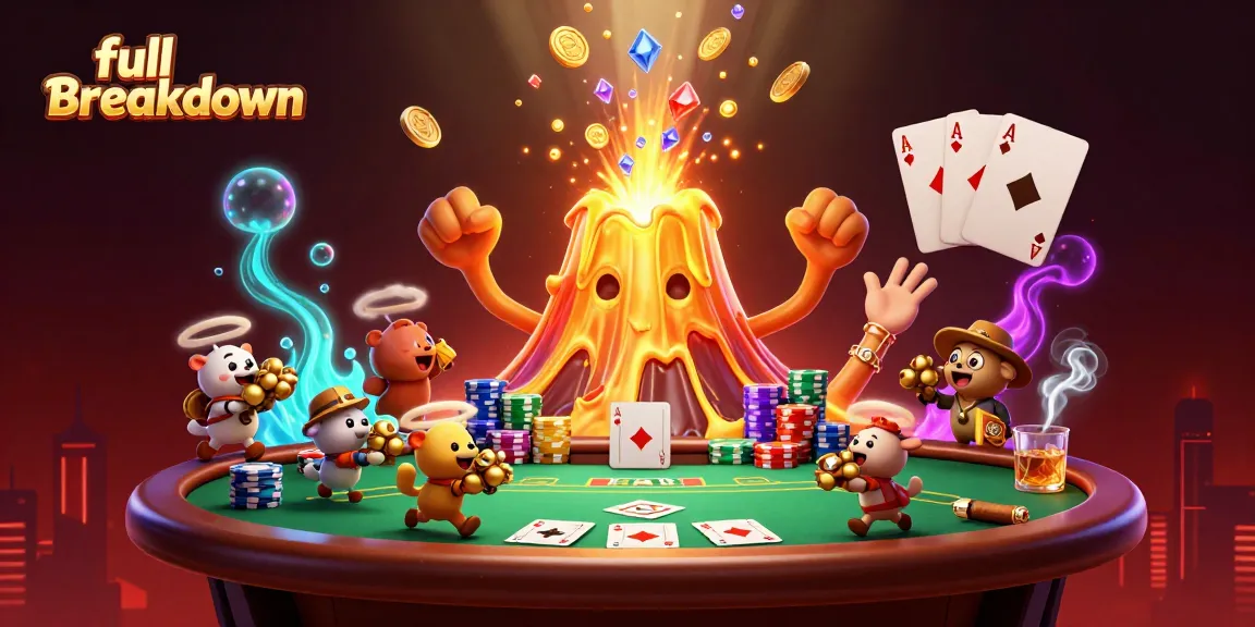 Experience a full breakdown of gaming tactics with a vibrant casino scene, featuring dynamic poker elements and treasure.