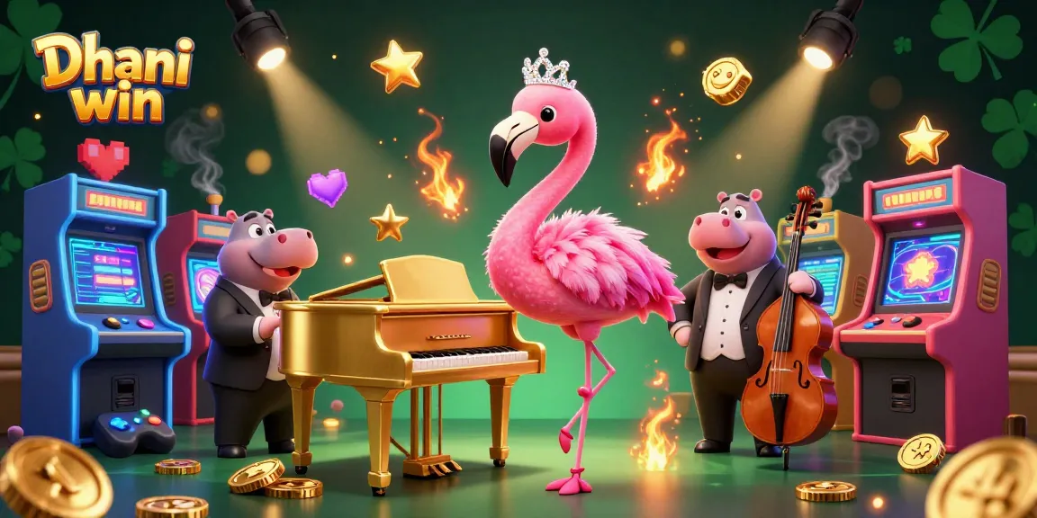 Dhani win casino illustration showcasing a vibrant flamingo singer and hippo band in action.