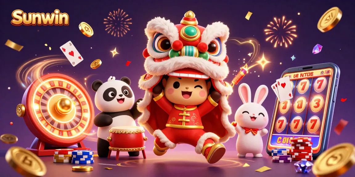 Spin and win at Sunwin’s vibrant online casino atmosphere with festive characters and treasures.