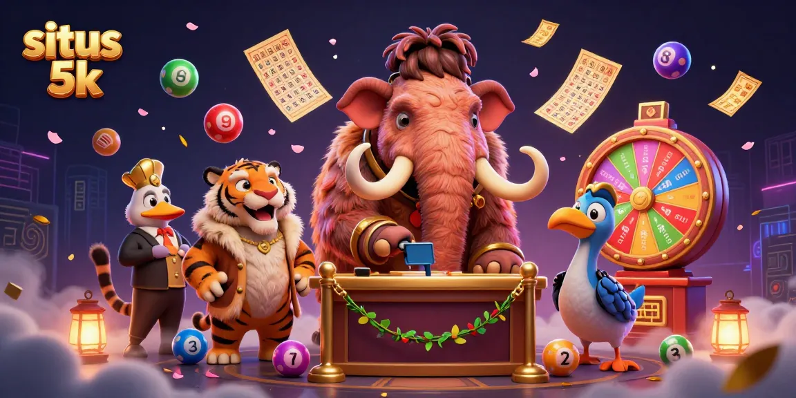 Experience thrilling games at situs 5k, a vibrant casino scene highlighting fun elements like lottery balls and spinning wheels.